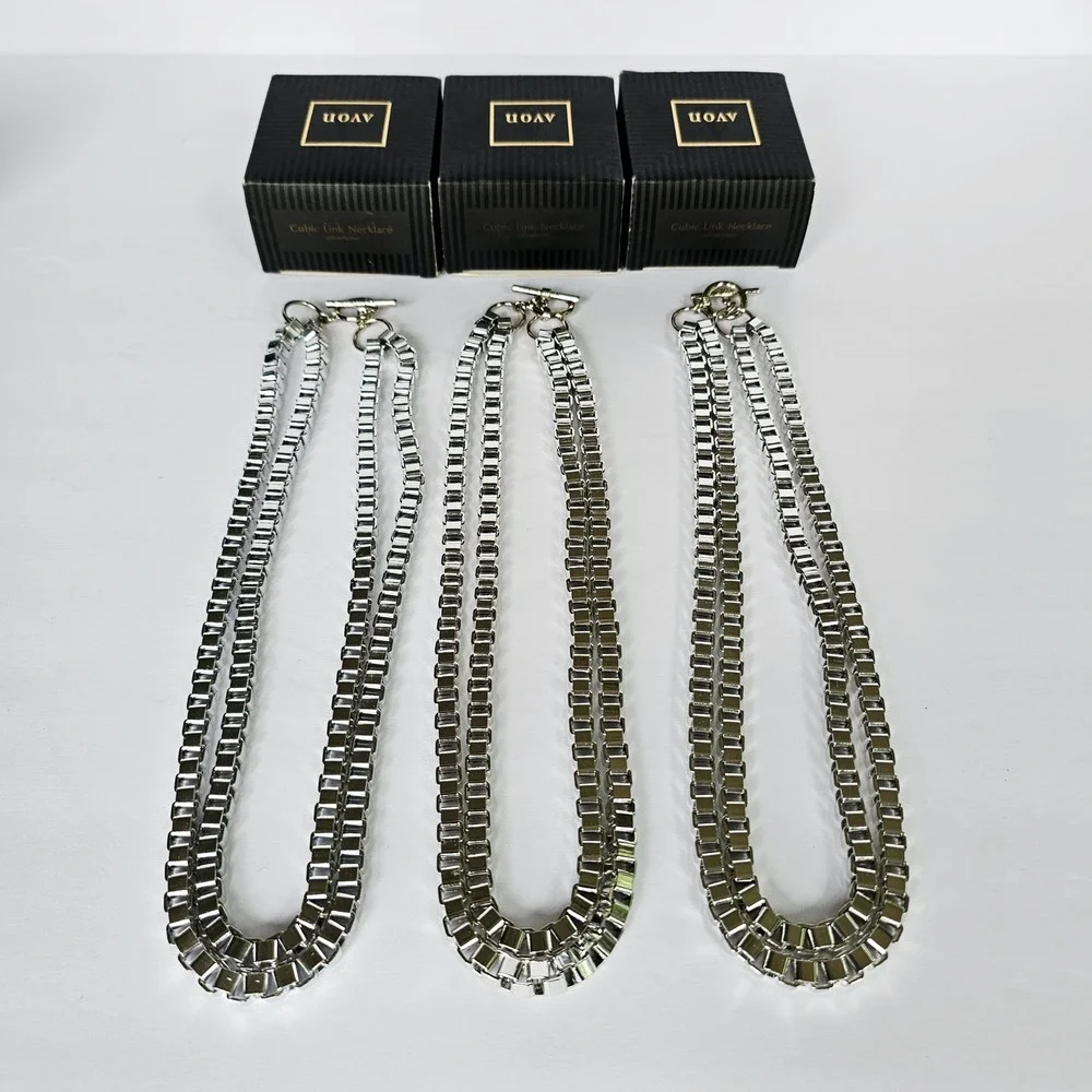 NIB Set of 3 90's Cubic Link Necklace Silvertone Toggle Box Chain Industrial Y2K